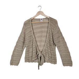 Vintage 90s Crochet Tie Cardigan L Beige Metallic Boho Festival Coastal